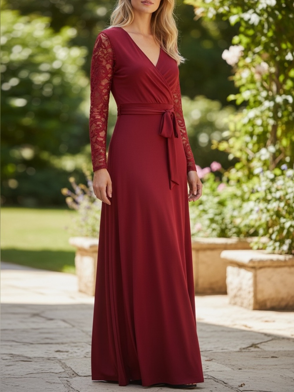 Zattcas Front-Tie Maxi Dress with Lace Sleeves - Deep Wine